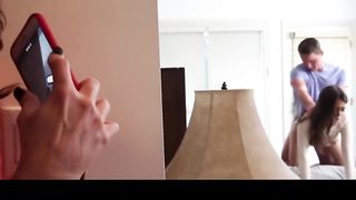 Adorable nymph decided to join her step- mommy and her lover in the kitchen, in a trio way