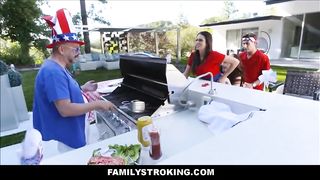 4th of July Family Fucking Threesome in Front of Dad while he Barbecues