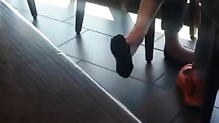 Candid Feet Classics- April 2015 Black Flats in Coffee Shop (NMW)