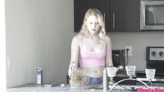 Appetizing blondie is throating a rock rock-rigid cock, while her step- sista is trying to join