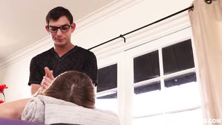 Dirty minded step step-sista is deep-throating her step brother’s humungous beef whistle, on the massage table