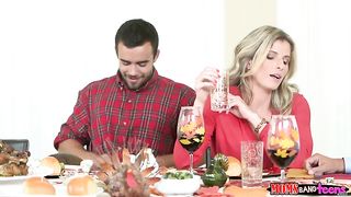 Mischievous teenager is deep deepthroating her boyfriend's trouser snake from under the table, during a family lunch