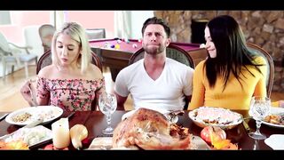 Petite titted, light-haired stunner is getting boinked during a family lunch and gobbling cunt along the way