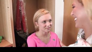 Diminutive ash-towheaded teenage is about to have a 3 way with her step- mommy and her paramour