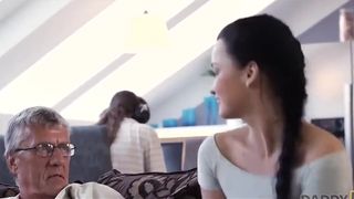 Taboo sex of old stud and saucy ebony-haired concludes with jizm in gullet