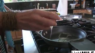 Huge boob dark-hued-haired MILF gets smashed in the kitchen