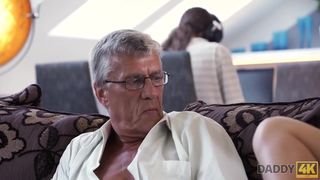 DADDY4K. Taboo lovemaking of aged dude and sweet dark-hued-haired ends with jism in jaws