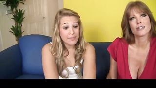 Mummy and her pretty step daughter-in-law are having a brilliant three way on the sofa